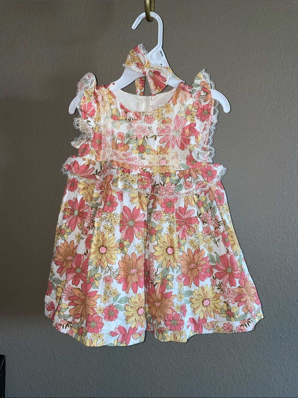 Girls Floral Ruffle Casual Dress in Pink & Yellow with Matching Bow